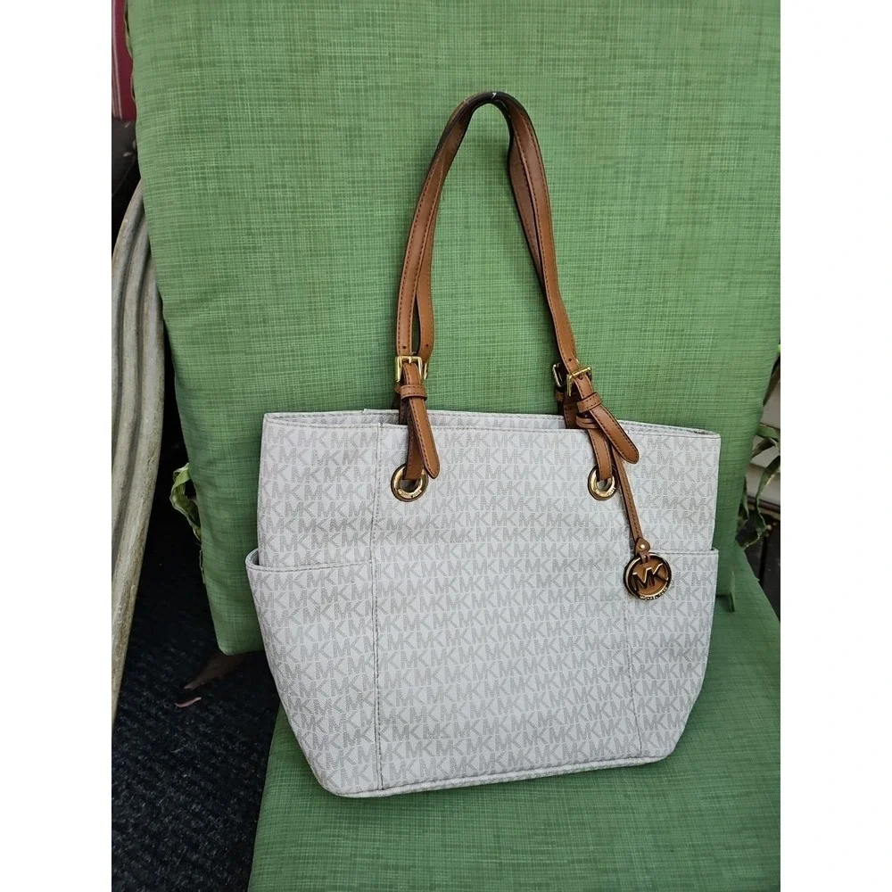 Michael Kors Jet Set Travel Tote Bag Purse MK Signature Vanilla/Brown